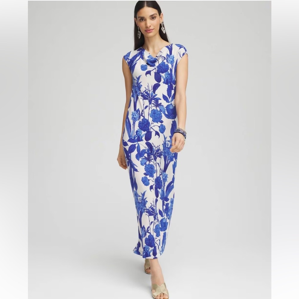 Chico’s Blue & White Floral Traveler Cowl Neck Slinky Maxi Dress Size XL Petite